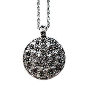 Flower Pendant Double Oval Link Chain Antique Silver Tone Handmade